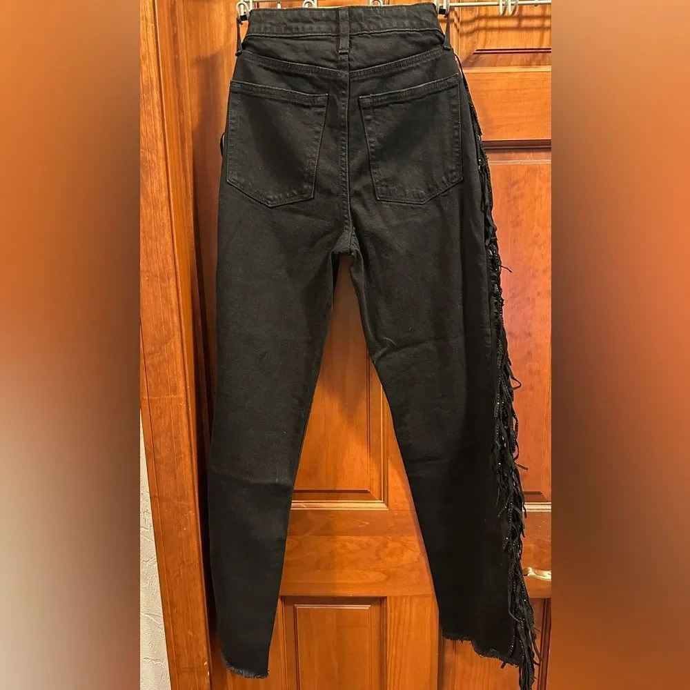 Juicy Couture Women’s Venice Statement Fringe Jeans Black straight fit Sz 26 - Picture 5 of 7